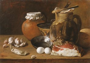 A still life of ham and eggs